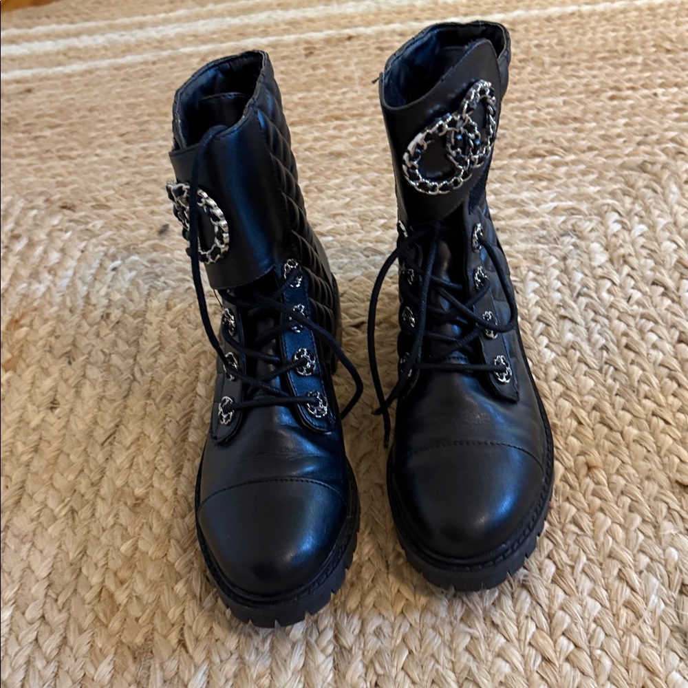 Black Quilted Ankle Boots with Chain Detail - Picture 2 of 2